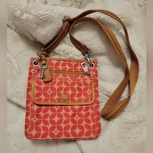 Fossil Crossbody Bag camel leather red coral canvas purse like new/ classic 00s